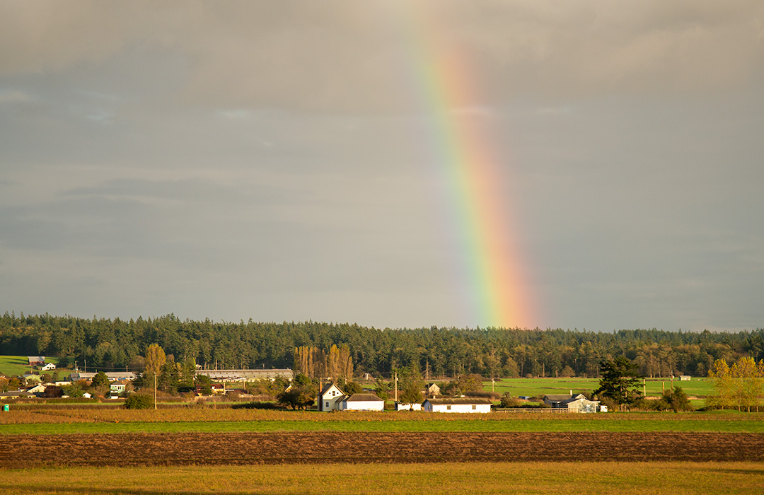 A rainbow over a farm.