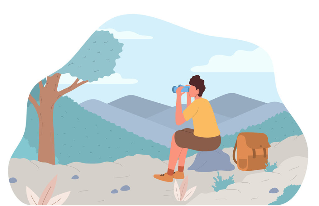 Drawing of a person sitting on a rock looking through binoculars.