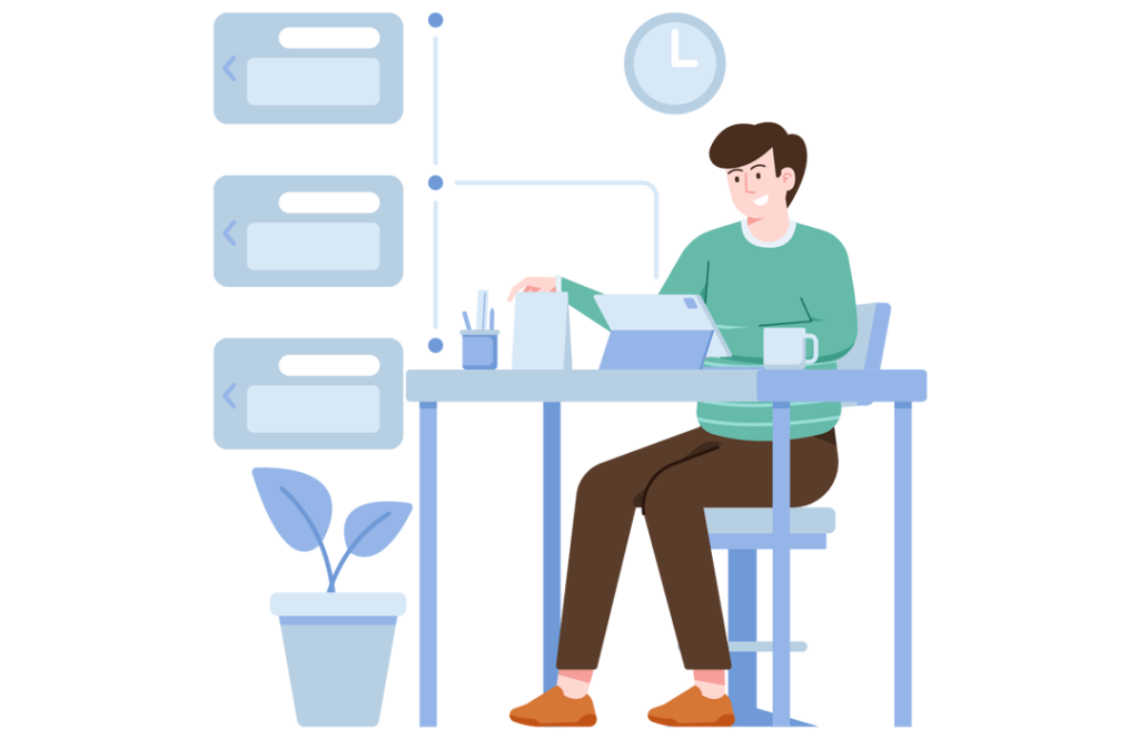 Drawing of a man sitting at a desk working at a computer.